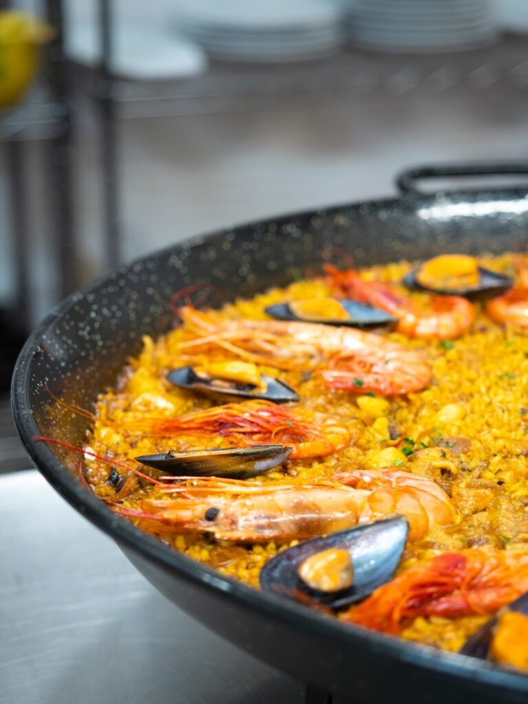 Close-up view of sea food paella. Traditional Spanish regional cuisine, Valencia.